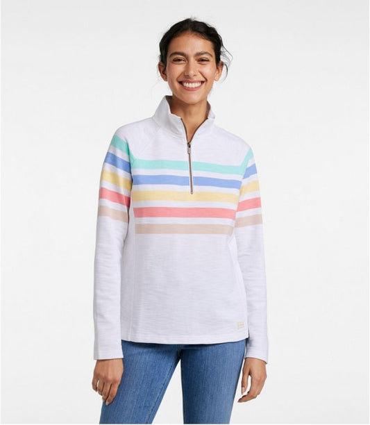 L.L. Bean Women's Peaks Island Quarter Zip Pullover White Multi Stripe On Model Front