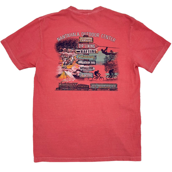 A red short-sleeve t-shirt shown flat against a white background, featuring a large multicolor graphic print on the back with text and illustrations.