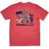 A red short-sleeve t-shirt shown flat against a white background, featuring a large multicolor graphic print on the back with text and illustrations.
