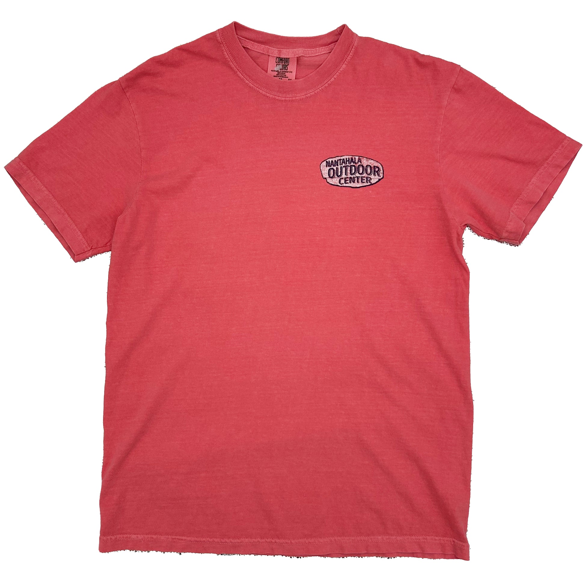 A heathered red short-sleeve t-shirt with a small black and white 'Nantahala Outdoor Center' logo printed on the left chest, shown flat against a white background.