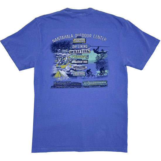 A blue short-sleeve t-shirt shown from the back, featuring a large multicolor graphic print with outdoor activities and the text 'NANTAHALA OUTDOOR CENTER'.