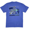 A blue short-sleeve t-shirt shown from the back, featuring a large multicolor graphic print with outdoor activities and the text 'NANTAHALA OUTDOOR CENTER'.