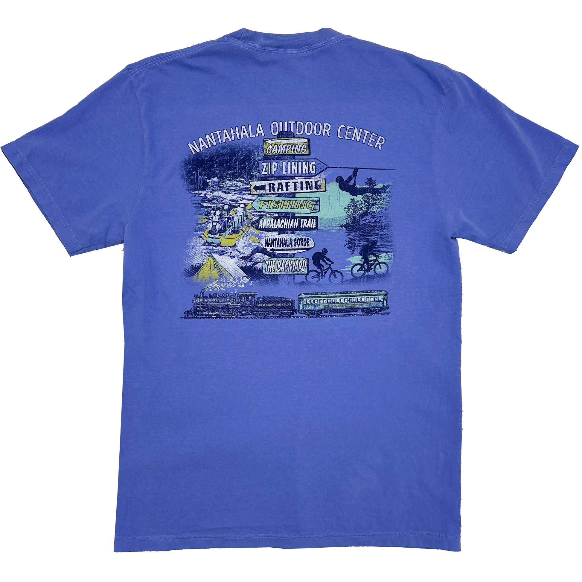 A blue short-sleeve t-shirt shown from the back, featuring a large multicolor graphic print with outdoor activities and the text 'NANTAHALA OUTDOOR CENTER'.