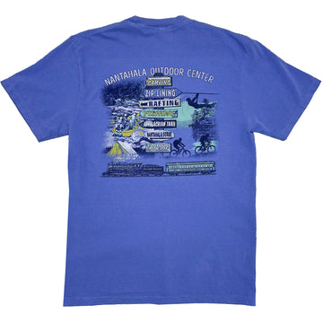 A blue short-sleeve t-shirt shown from the back, featuring a large multicolor graphic print with outdoor activities and the text 'NANTAHALA OUTDOOR CENTER'.