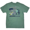 A sage green short-sleeve t-shirt with a large, detailed back graphic for 'Nantahala Outdoor Center' featuring trail signs, outdoor activities, and scenic illustrations.