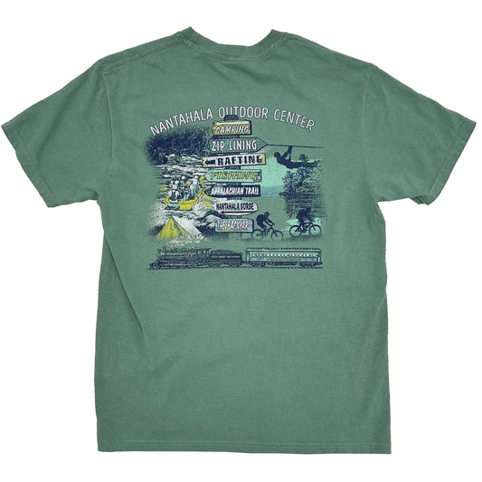 A sage green short-sleeve t-shirt with a large, detailed back graphic for 'Nantahala Outdoor Center' featuring trail signs, outdoor activities, and scenic illustrations.