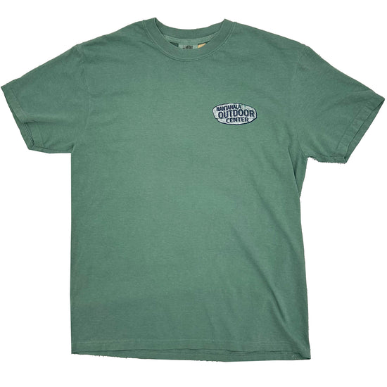 A green short-sleeve crewneck t-shirt with a small oval 'Nantahala Outdoor Center' logo printed on the left chest, shown flat against a white background.