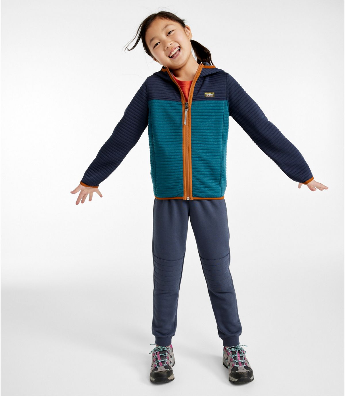 L.L. Bean Kid's Airlight Full-Zip Hoodie Colorblock Deep Turquoise on model