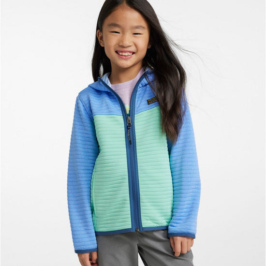L.L. Bean Kid's Airlight Full-Zip Hoodie Colorblock Malibu Blue Brook Green on model
