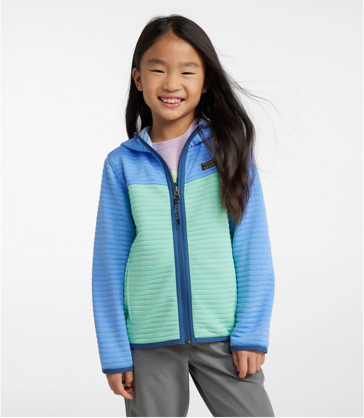 L.L. Bean Kid's Airlight Full-Zip Hoodie Colorblock Malibu Blue Brook Green on model