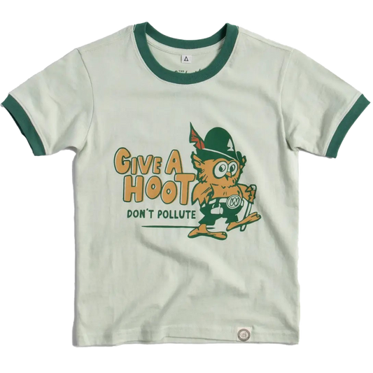 Landmark Project Give A Hoot, Don't Pollute Youth Short Sleeve Ringer Tee Pistachio Palm Leaf