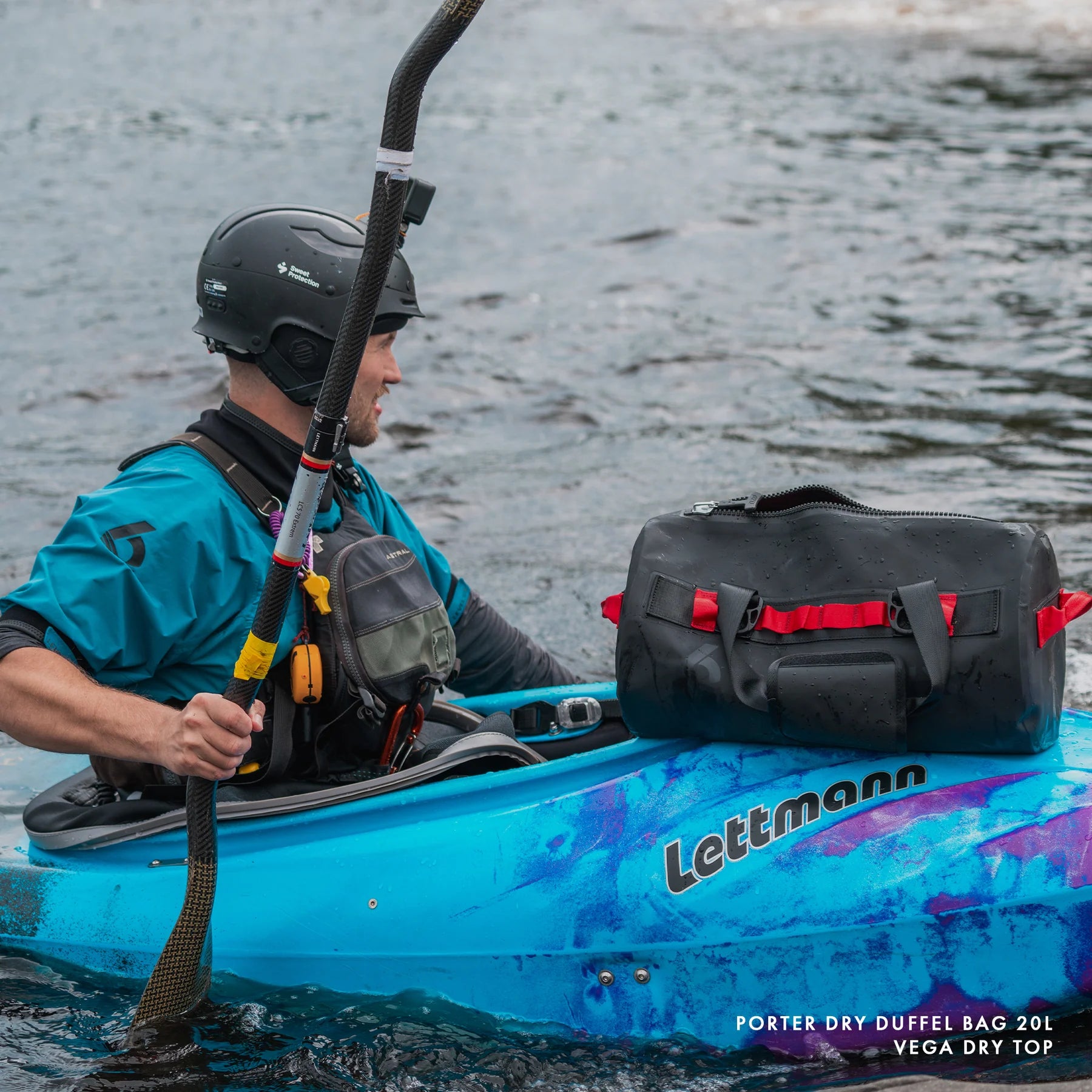 Level Six Porter Dry Duffel Bag 20L Black on Water with Kayaker