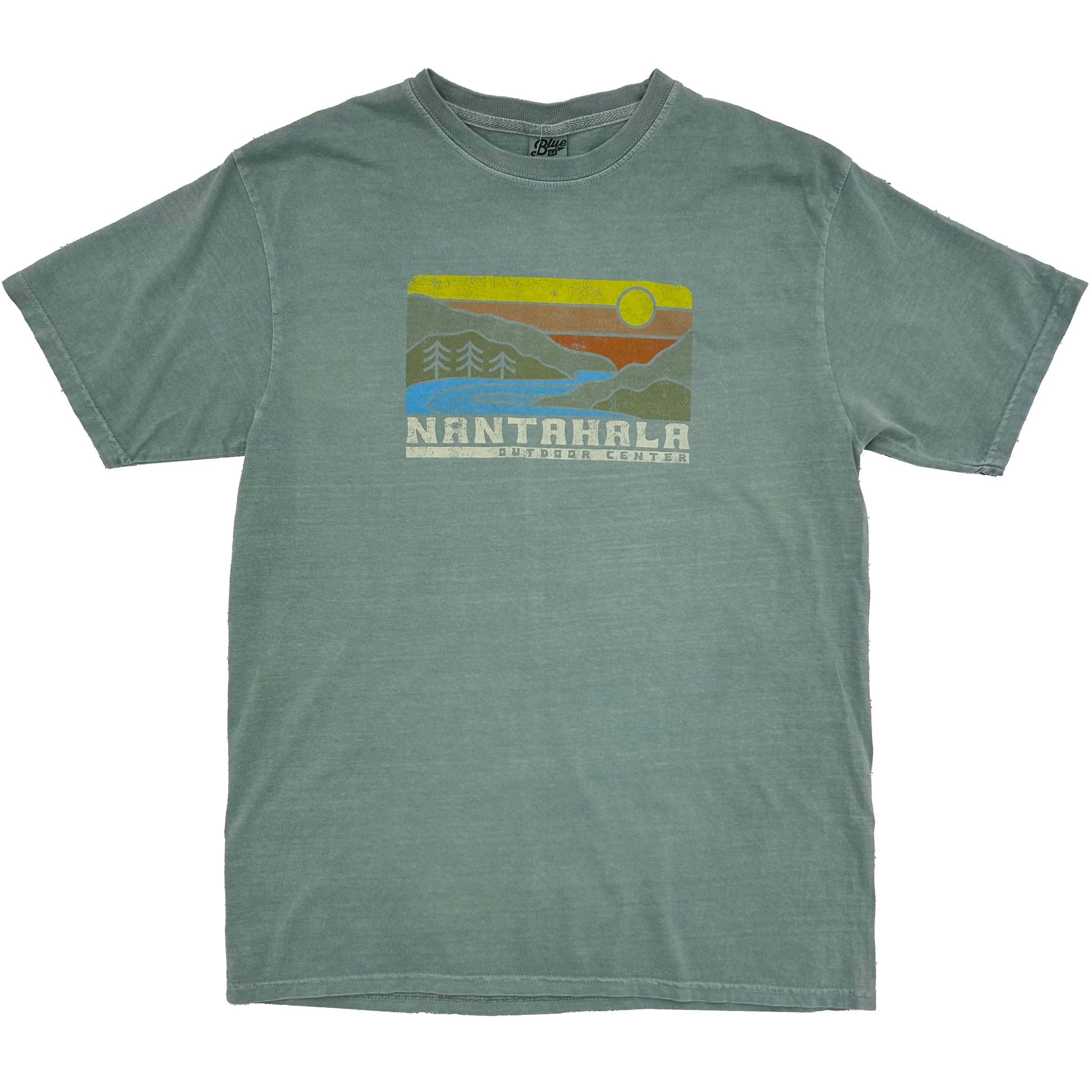 A heathered sage green t-shirt featuring a retro-style landscape graphic on the chest with the text 'NANTAHALA'.