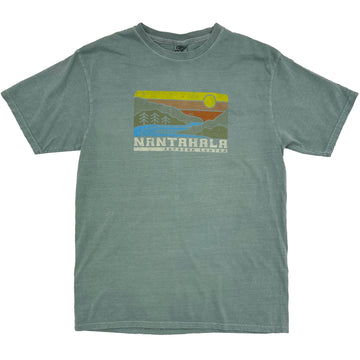 A heathered sage green t-shirt featuring a retro-style landscape graphic on the chest with the text 'NANTAHALA'.