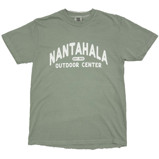 An olive green short-sleeve t-shirt with a white graphic print on the front reading 'NANTAHALA OUTDOOR CENTER EST. 1972'.