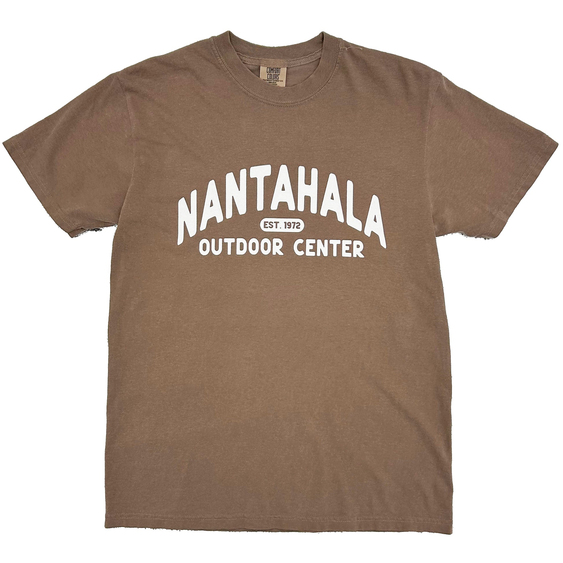 A brown short-sleeve crewneck t-shirt with 'NANTAHALA OUTDOOR CENTER EST. 1972' printed in white on the chest.
