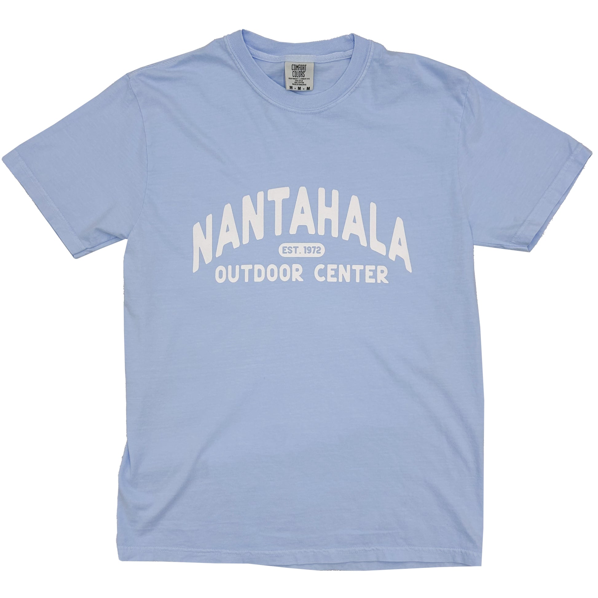 A light blue short-sleeve t-shirt with 'NANTAHALA OUTDOOR CENTER EST. 1972' printed in white on the front, displayed flat against a blue background.