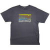 A dark charcoal gray short-sleeve t-shirt with a vintage-style landscape graphic on the chest depicting a sunset over mountains, a lake, and pine trees, with the text 'NANTAHALA'.
