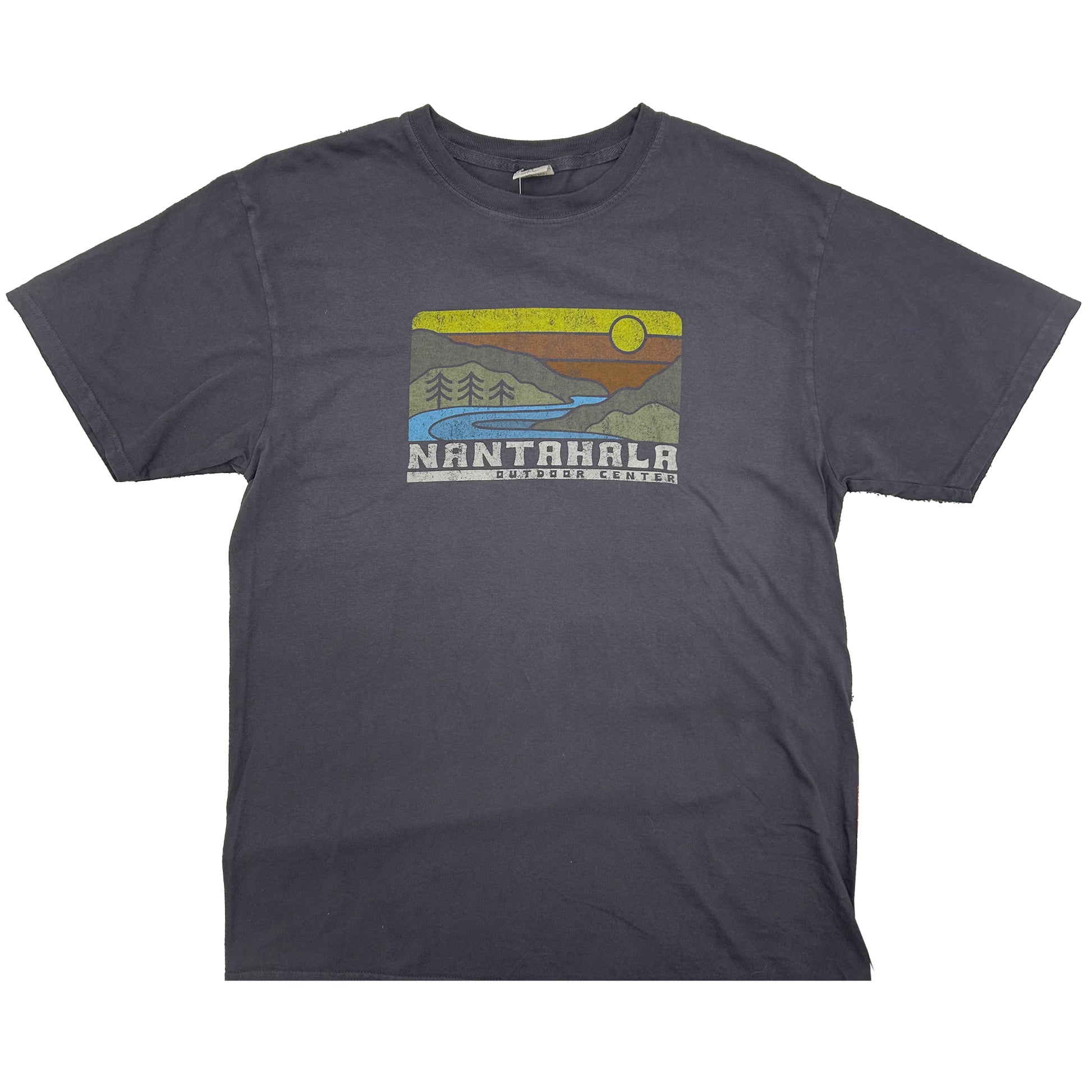 A dark charcoal gray short-sleeve t-shirt with a vintage-style landscape graphic on the chest depicting a sunset over mountains, a lake, and pine trees, with the text 'NANTAHALA'.