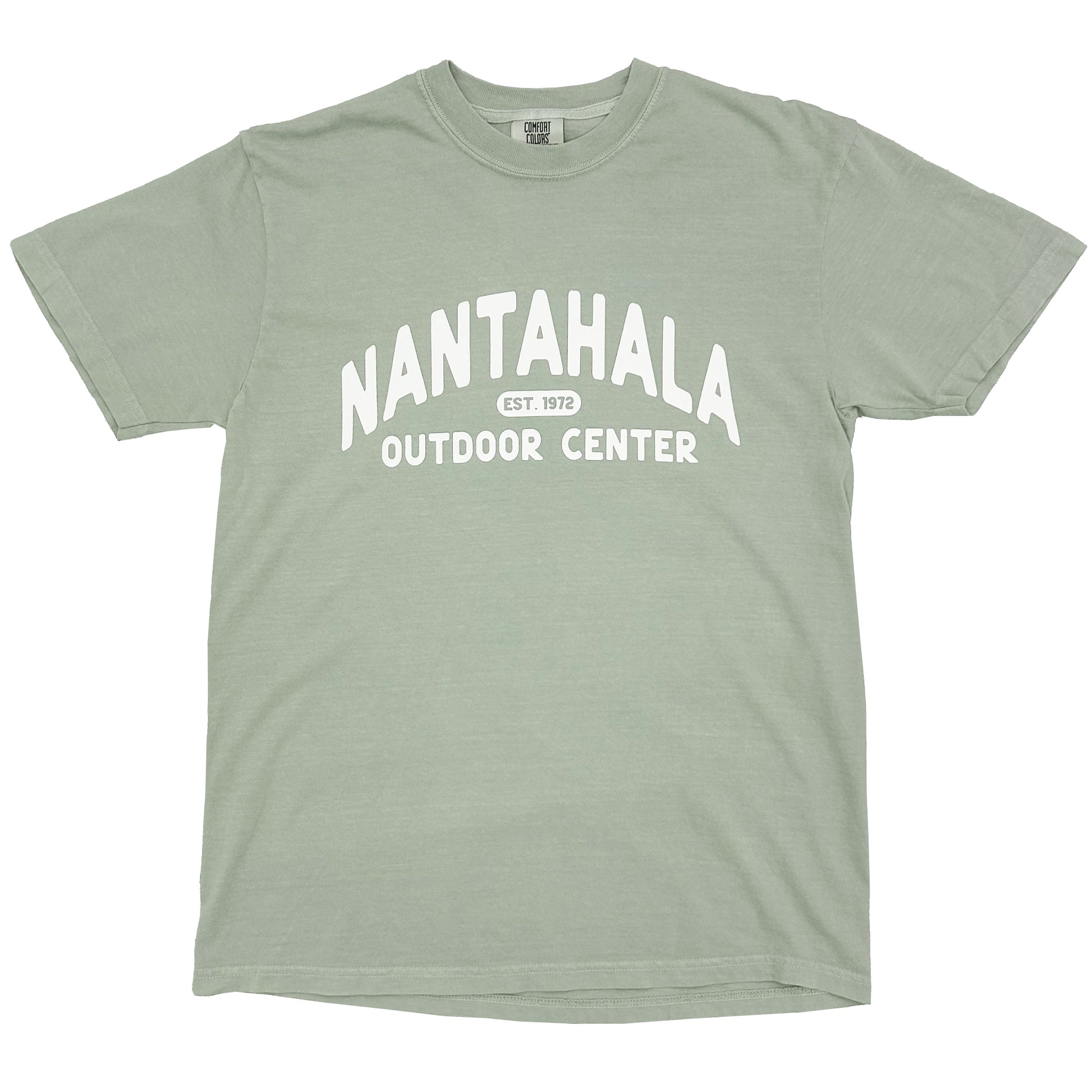A sage green crewneck t-shirt with 'NANTAHALA OUTDOOR CENTER EST. 1970' printed in white on the front.