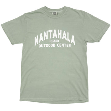 A sage green crewneck t-shirt with 'NANTAHALA OUTDOOR CENTER EST. 1970' printed in white on the front.