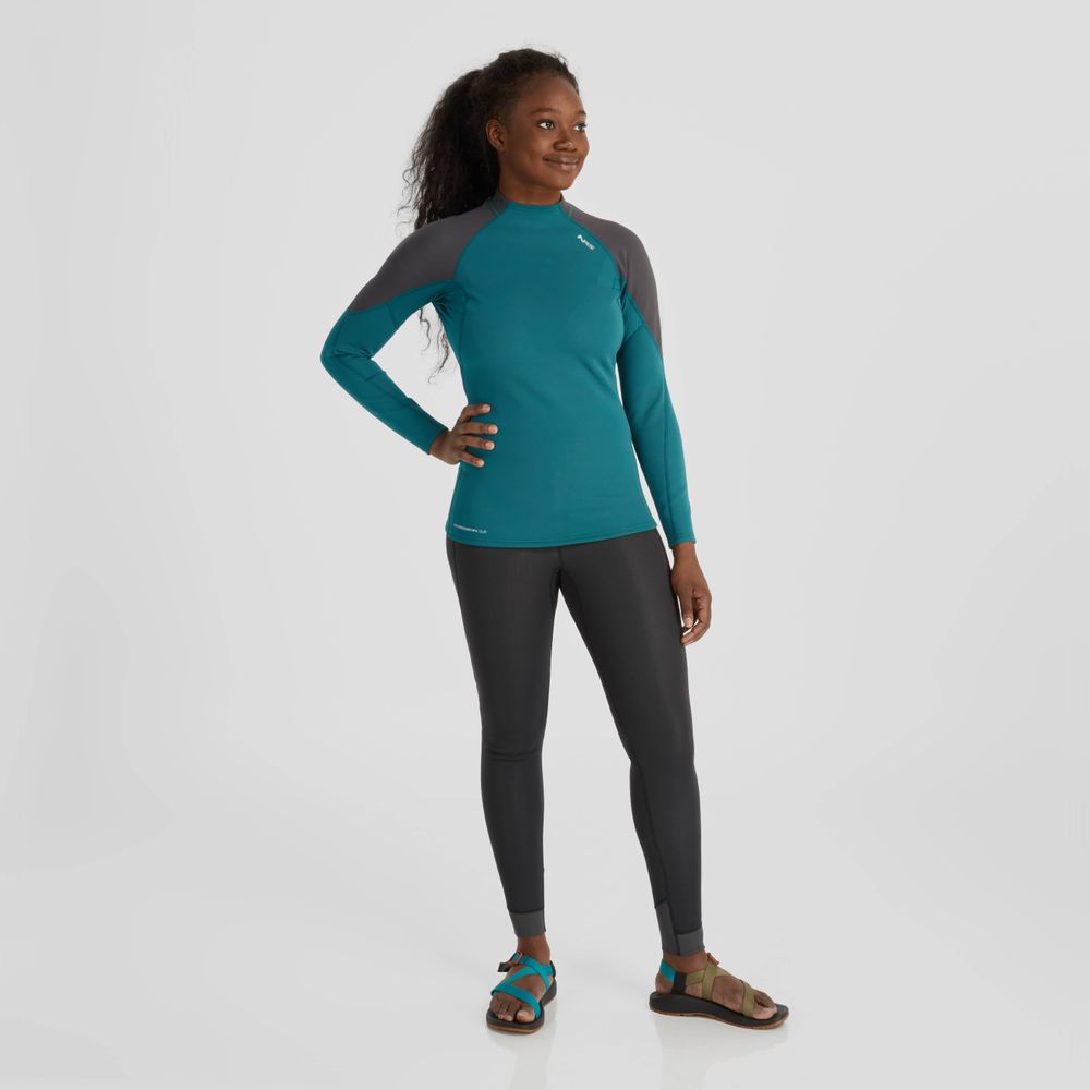 NRS Women's Hydroskin 0.5 Long Sleeve Shirt Harbor Graphite On Model Front