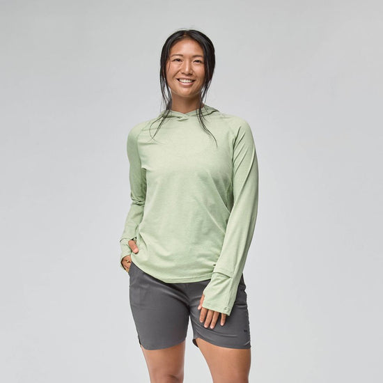 NRS Women's Silkweight Hoodie Desert Sage On Model Front