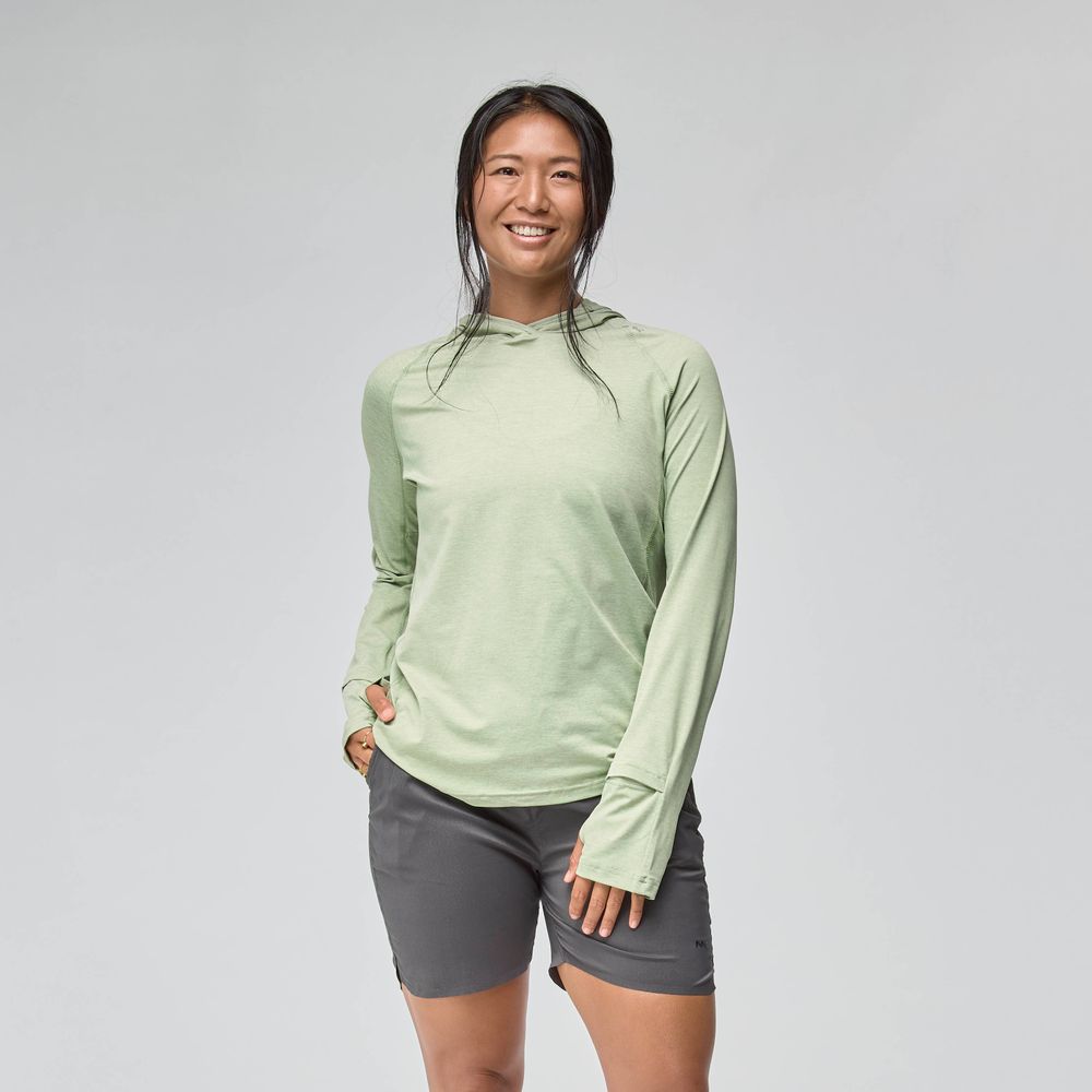 NRS Women's Silkweight Hoodie Desert Sage On Model Front