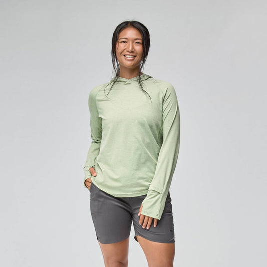 NRS Women's Silkweight Hoodie Desert Sage On Model Front