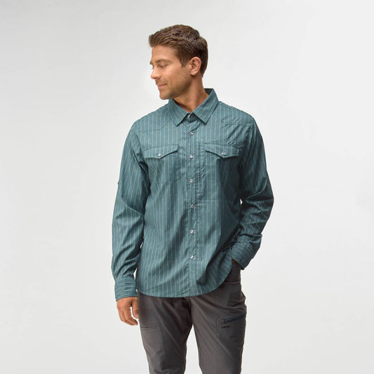NRS Men’s Rodeo Long-Sleeve Shirt Slate Striped On Model Front