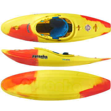 Pyranha Firecracker Half Slice Whitewater Kayak Lava Blast - Top, Side, and Hull View
