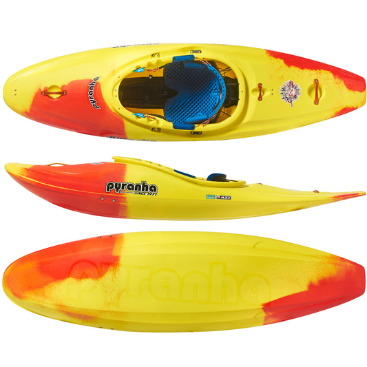 Pyranha Firecracker Half Slice Whitewater Kayak Lava Blast - Top, Side, and Hull View