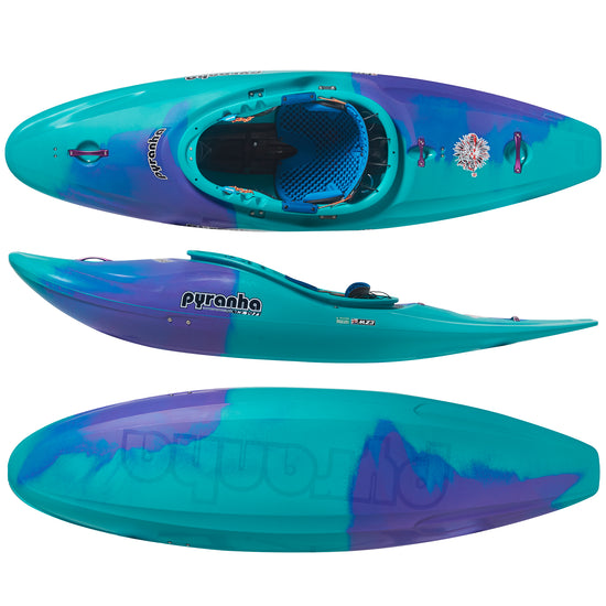 Pyranha Firecracker Half Slice Whitewater Kayak Purple Mint - Top, Side, and Hull View