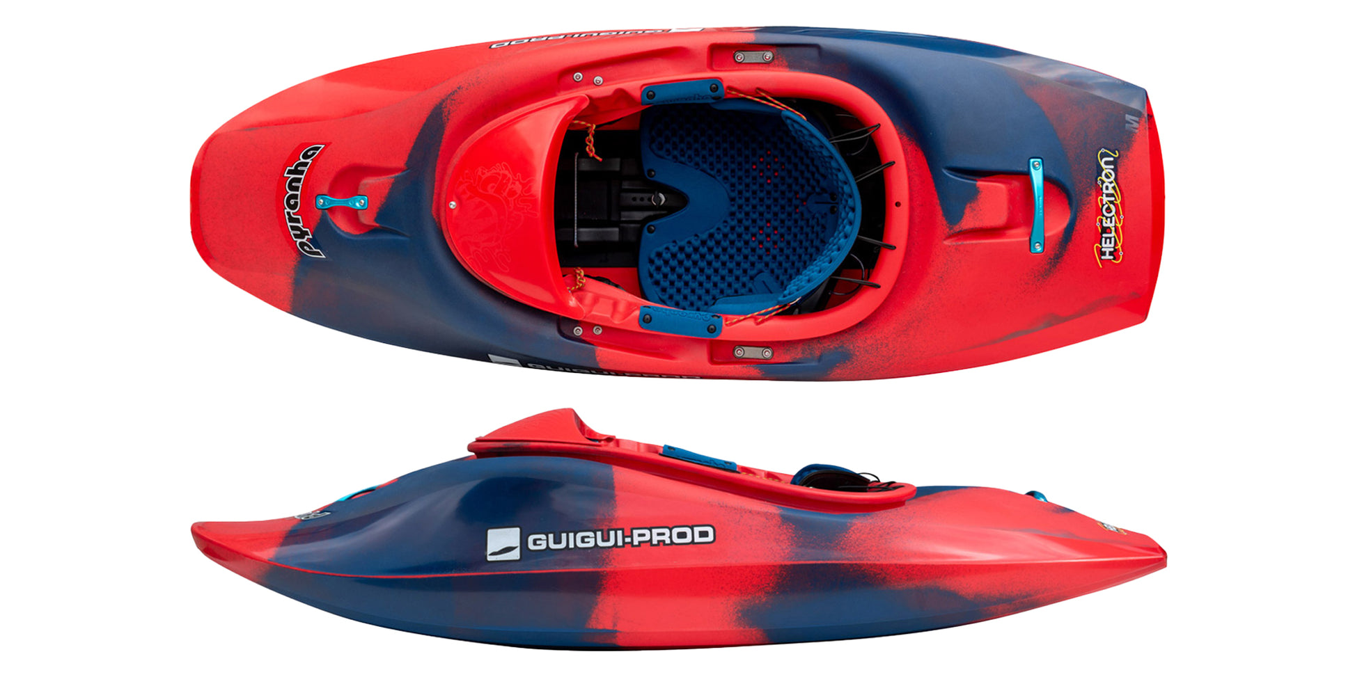 Pyranha Helectron Whitewater Freestyle Kayak - Rosella Red Top and Side View