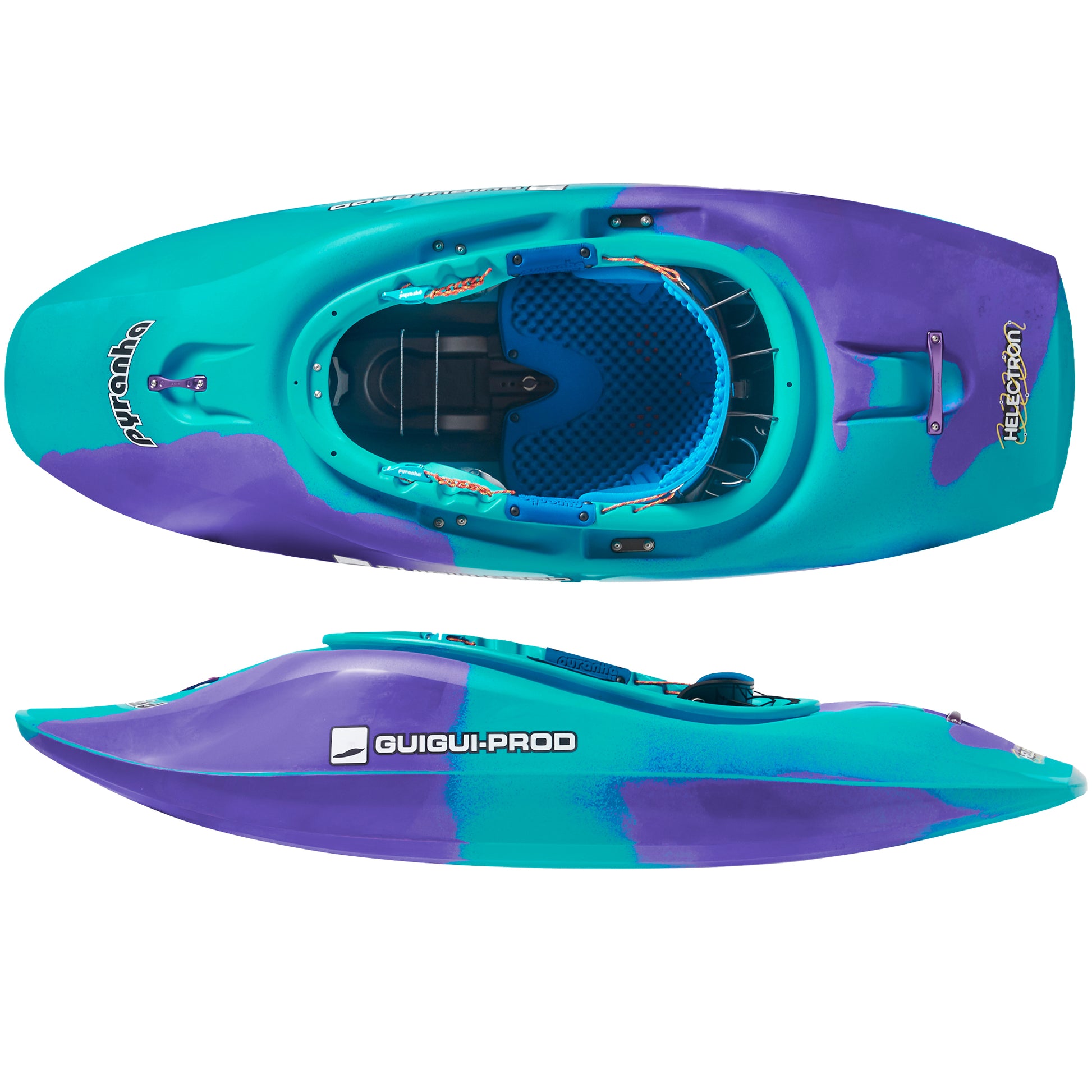 Pyranha Helectron Whitewater Play Kayak - Purple Mint Top and Side View
