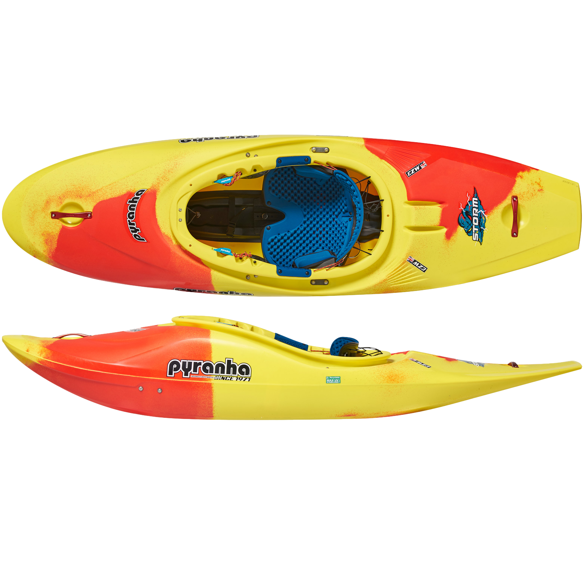 Pyranha Storm Whitewater Half-Slice Kayak Lava Blast Top and Side View