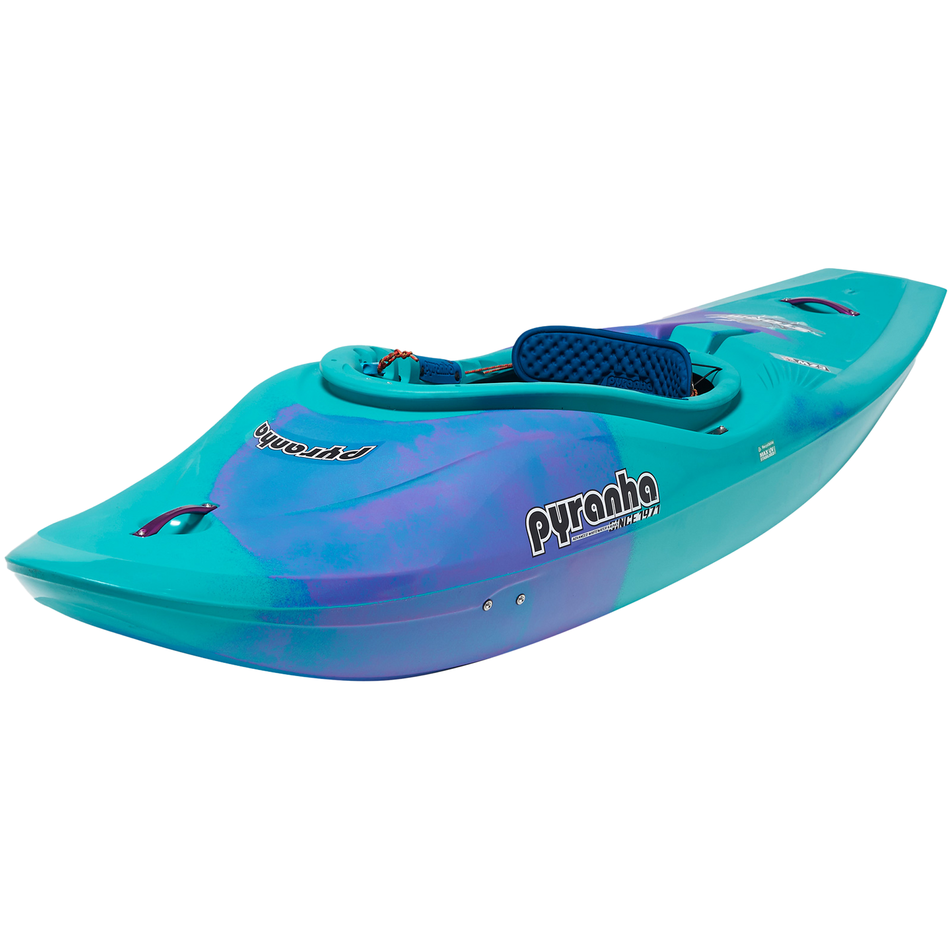 Pyranha Storm Whitewater Half-Slice Kayak Purple Mint Front Bow Angle