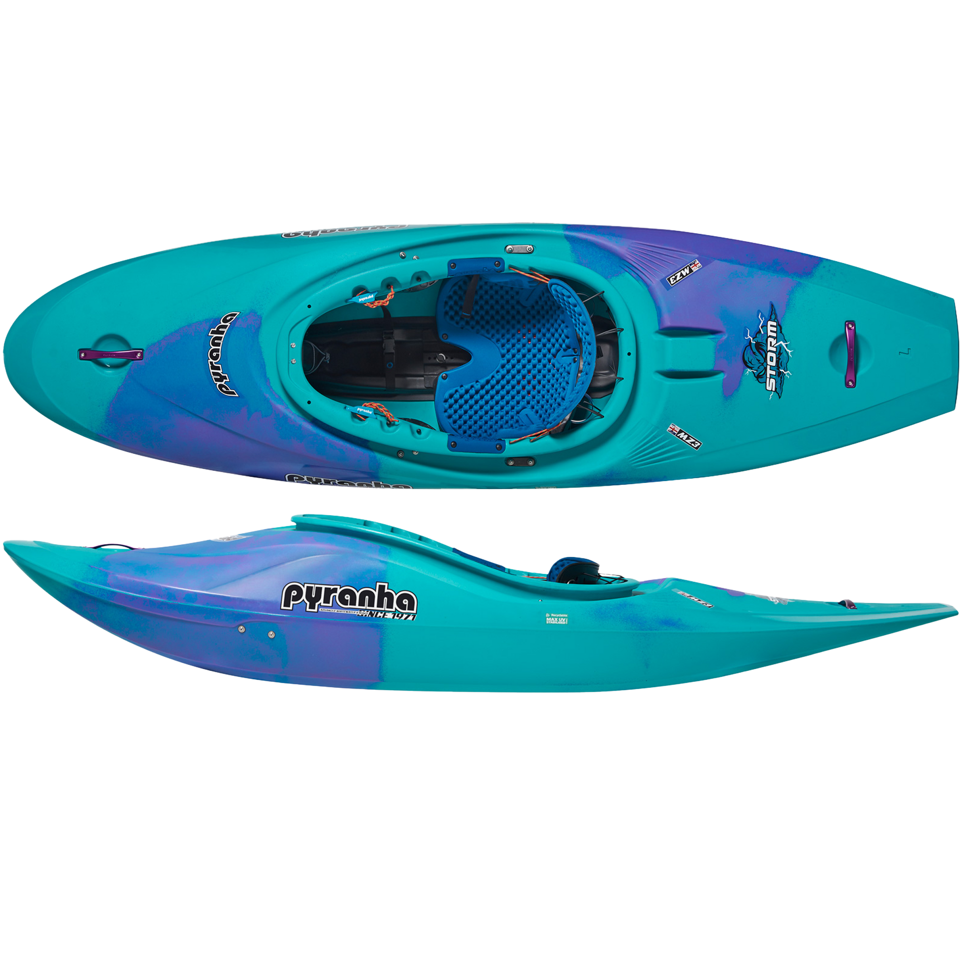 Pyranha Storm Whitewater Half-Slice Kayak Purple Mint Top and Side