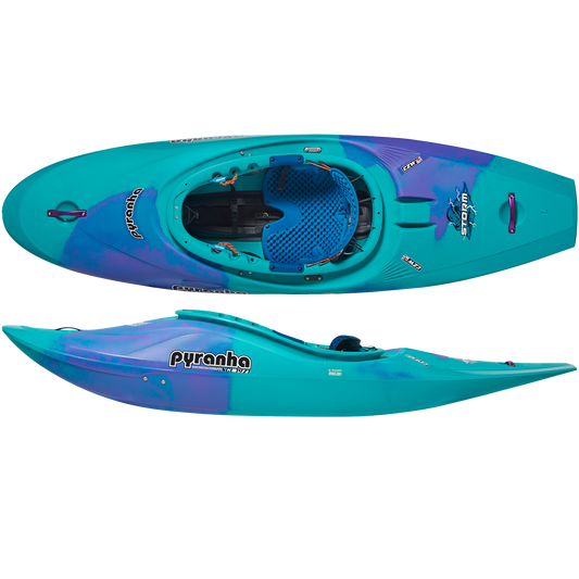 Pyranha Storm Whitewater Half-Slice Kayak Purple Mint Top and Side