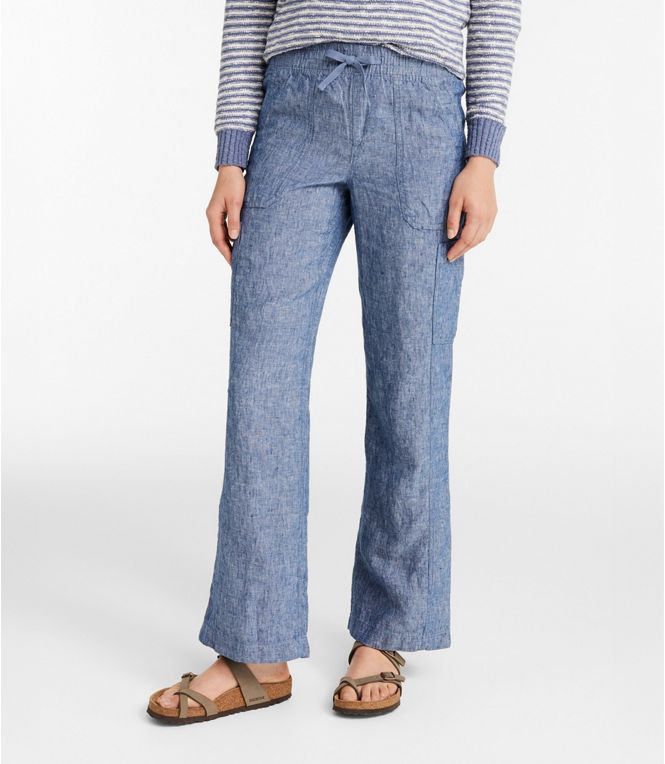 L.L.Bean Women's Premium Linen Breezy Pull-On Utility Pants, Mid-Rise Wide-Leg Bright Mariner On Model Front